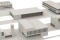 Perspective model-like representation of a town centre, with various public buildings.